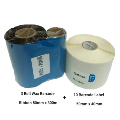 3 Roll Wax Barcode Ribbon 80mm x 300m + 10 Barcode Label 50mm x 40mm (1000pcs per barcode label)